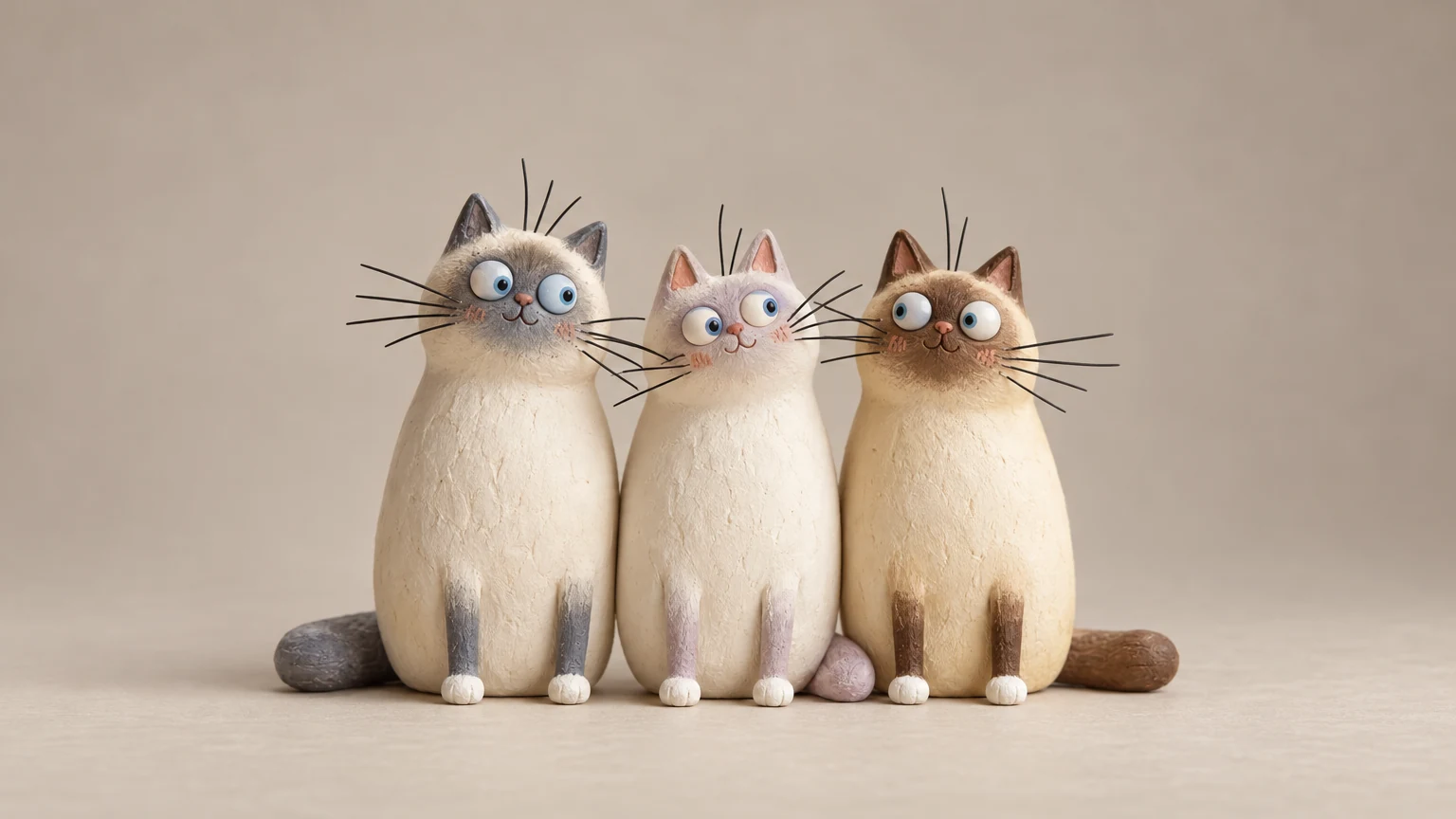 Three handmade Birman cat figurines on a studio floor